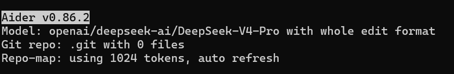 Aider banner showing the model openai/deepseek-ai/DeepSeek-V4-Pro