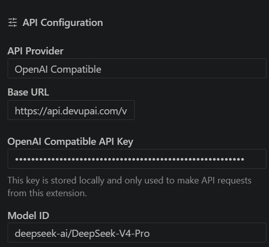 Cline API Configuration with the OpenAI Compatible provider, the DEVUP AI base URL, a masked API key, and the model ID deepseek-ai/DeepSeek-V4-Pro