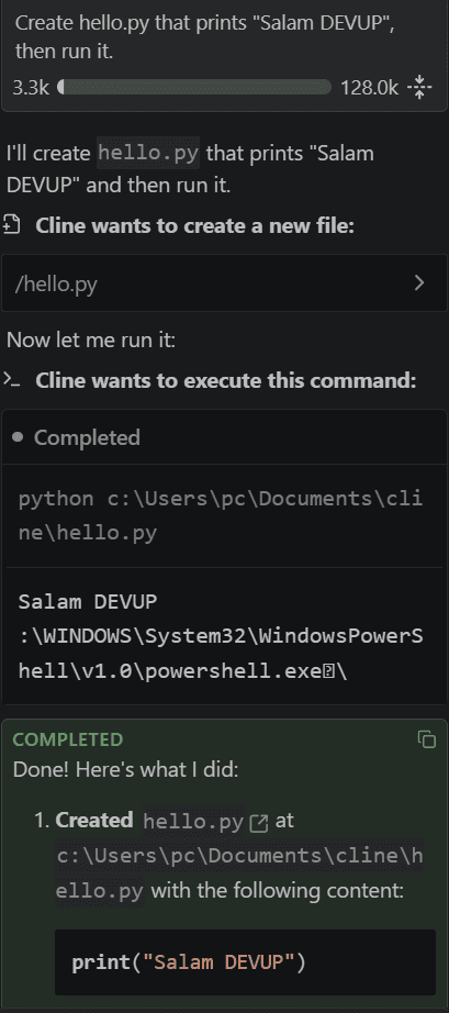 Cline completing a task on DEVUP AI: creating hello.py and running it in the terminal