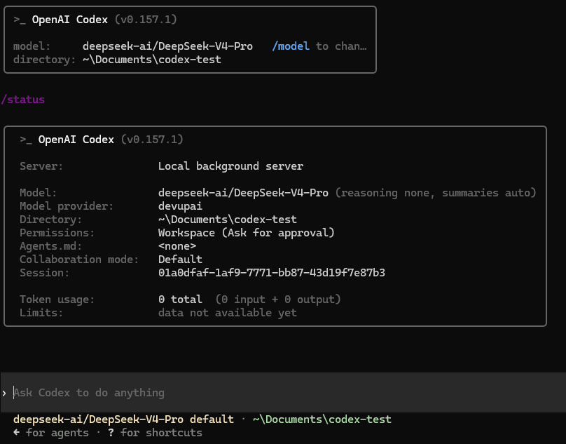Codex CLI status showing the devupai model provider and DeepSeek-V4-Pro