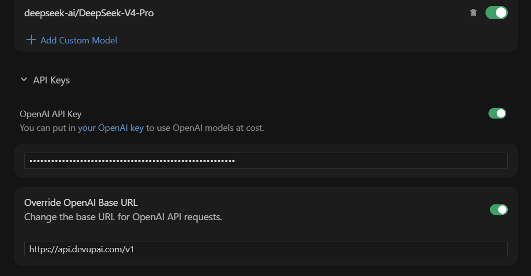 Cursor settings with a DEVUP AI custom model, OpenAI API key and base URL override