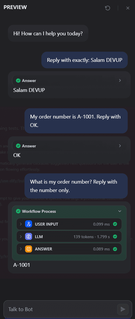 Dify chatflow on DeepSeek V4 Pro through DEVUP AI answering a follow-up question from memory
