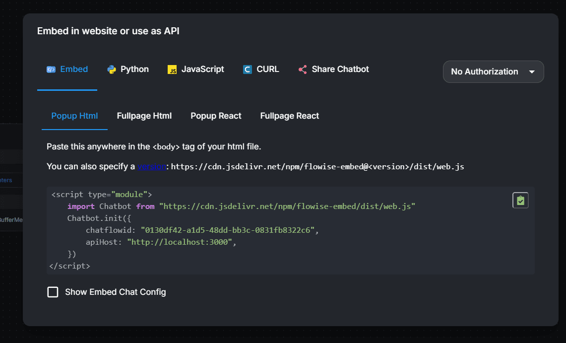 Flowise API dialog with Embed, Python, JavaScript and cURL snippets