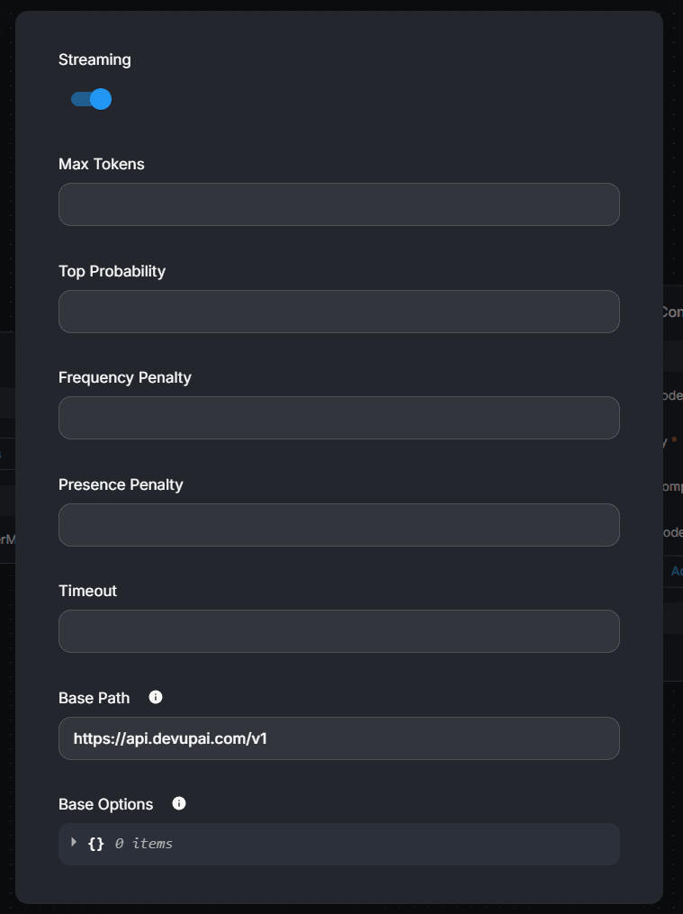 Flowise OpenAI Custom Model additional parameters with the DEVUP AI Base Path