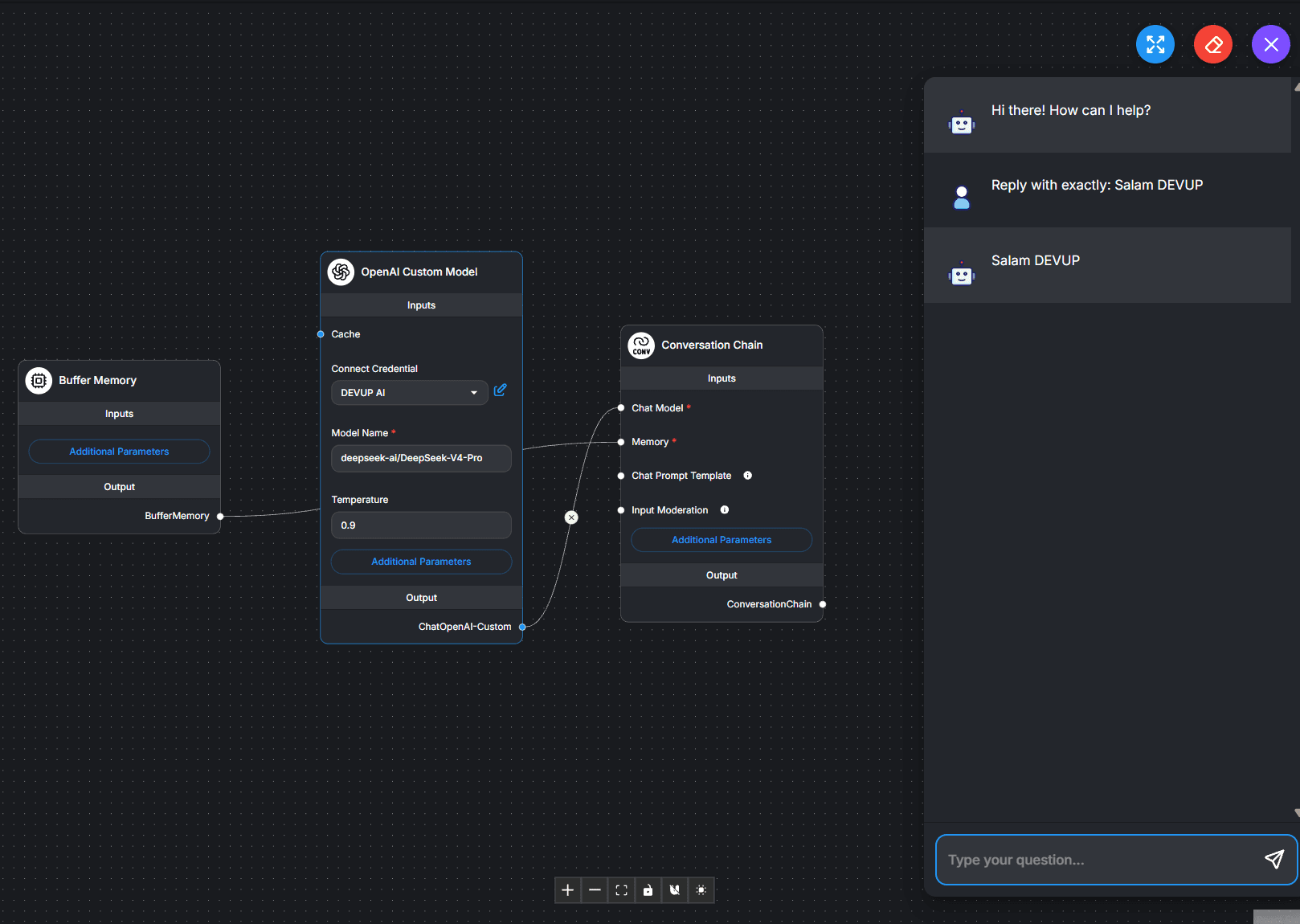 Flowise chatbot flow answering Salam DEVUP through DEVUP AI