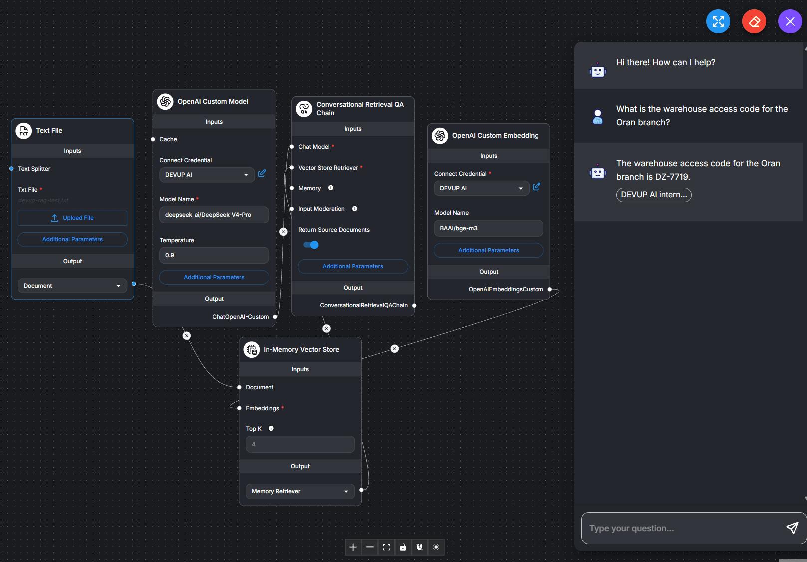 Flowise document Q&A answering DZ-7719 with the source through DEVUP AI