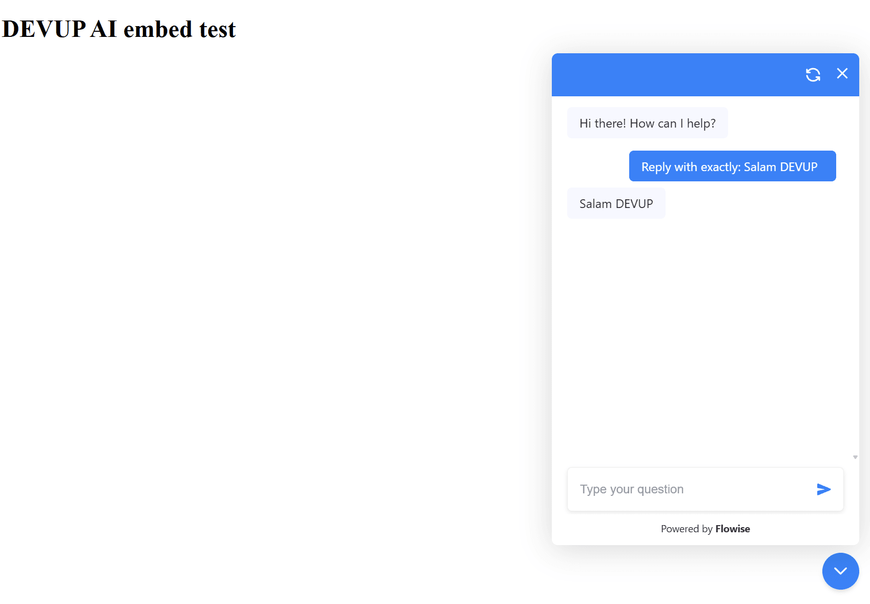 Flowise chatbot on a website answering through DEVUP AI