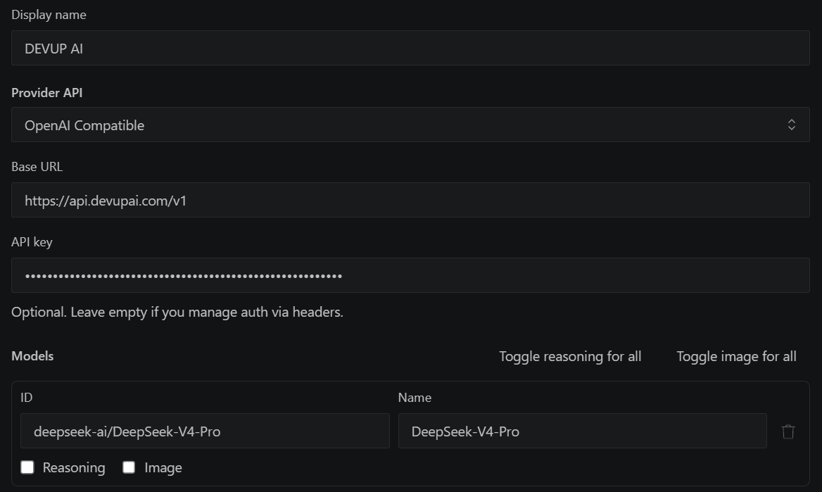Kilo Code custom provider settings for DEVUP AI with the OpenAI Compatible provider API, the DEVUP AI base URL, a masked API key, and the model DeepSeek-V4-Pro