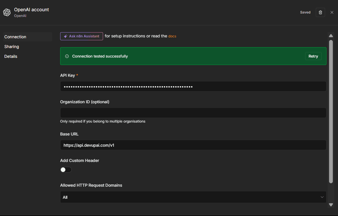 n8n OpenAI credential with the DEVUP AI Base URL and a successful connection test