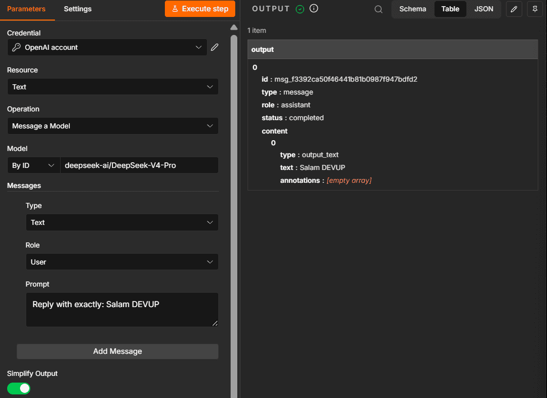 n8n Message a Model answering Salam DEVUP with DeepSeek-V4-Pro through DEVUP AI