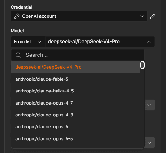 n8n model picker listing the DEVUP AI catalog