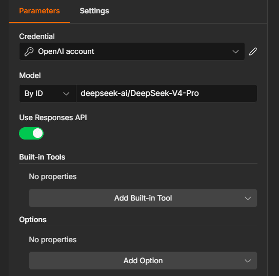n8n OpenAI Chat Model node with Use Responses API switched on by default