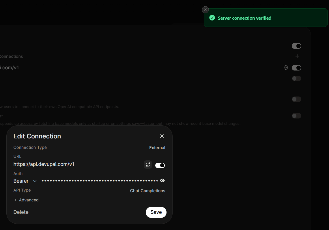 Open WebUI Edit Connection dialog showing Server connection verified for DEVUP AI