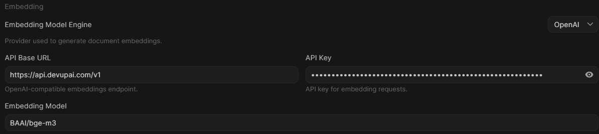 Open WebUI document settings using DEVUP AI embeddings with BAAI/bge-m3