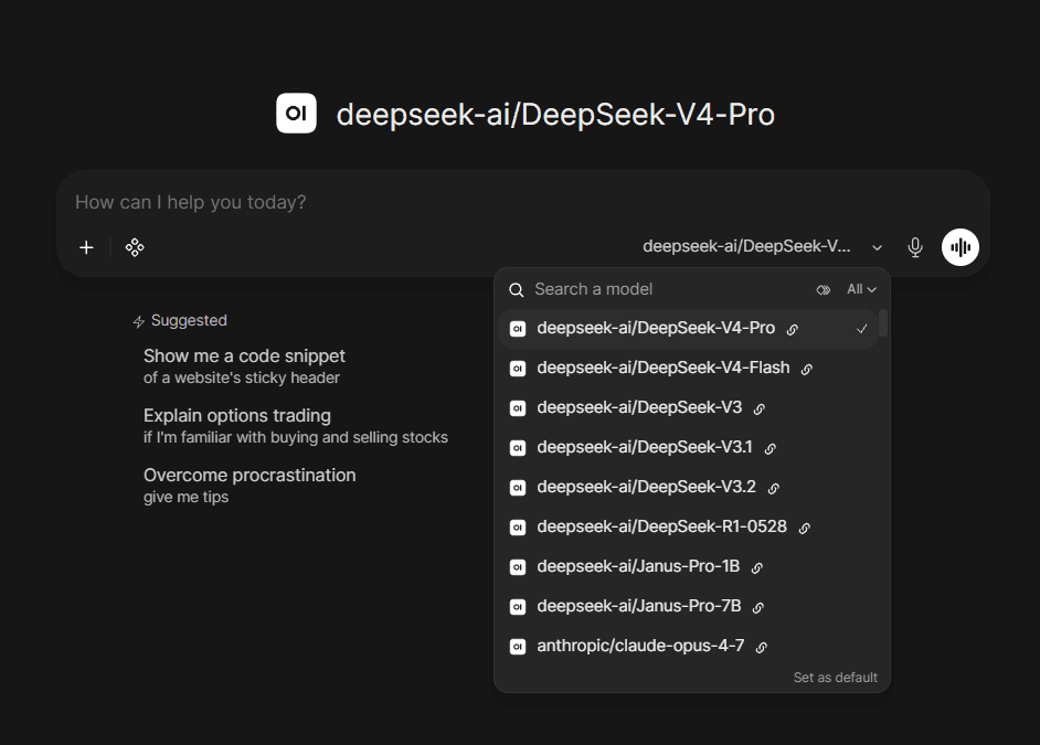 Open WebUI model picker listing DEVUP AI models