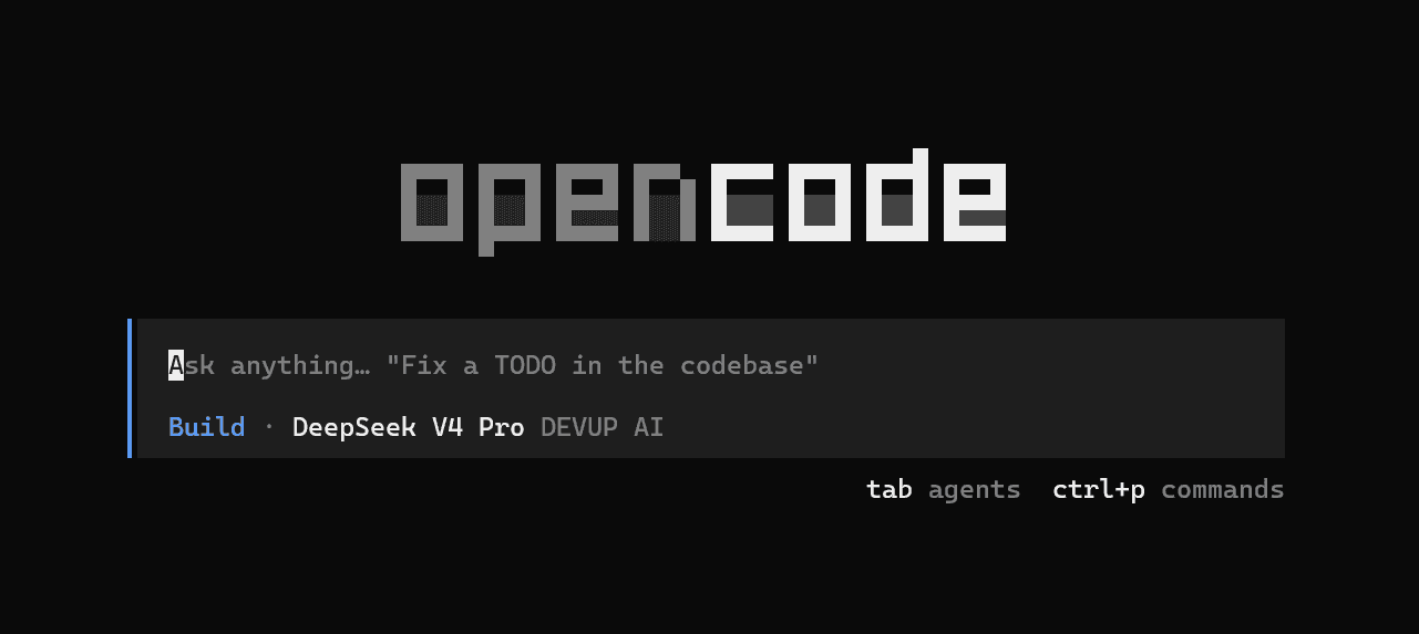 OpenCode interactive UI with DeepSeek V4 Pro from DEVUP AI selected