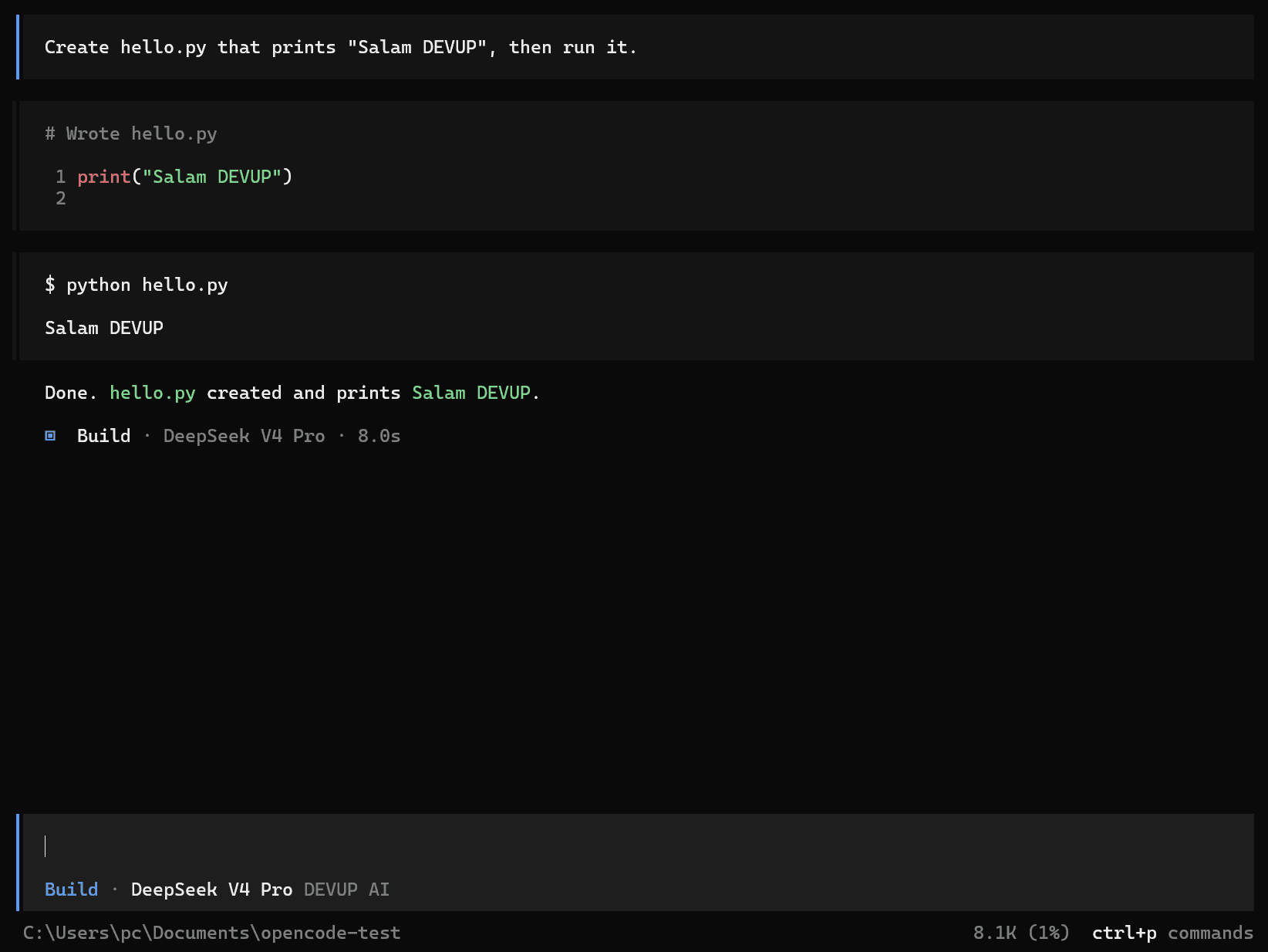 OpenCode writing hello.py and running it with DeepSeek V4 Pro on DEVUP AI