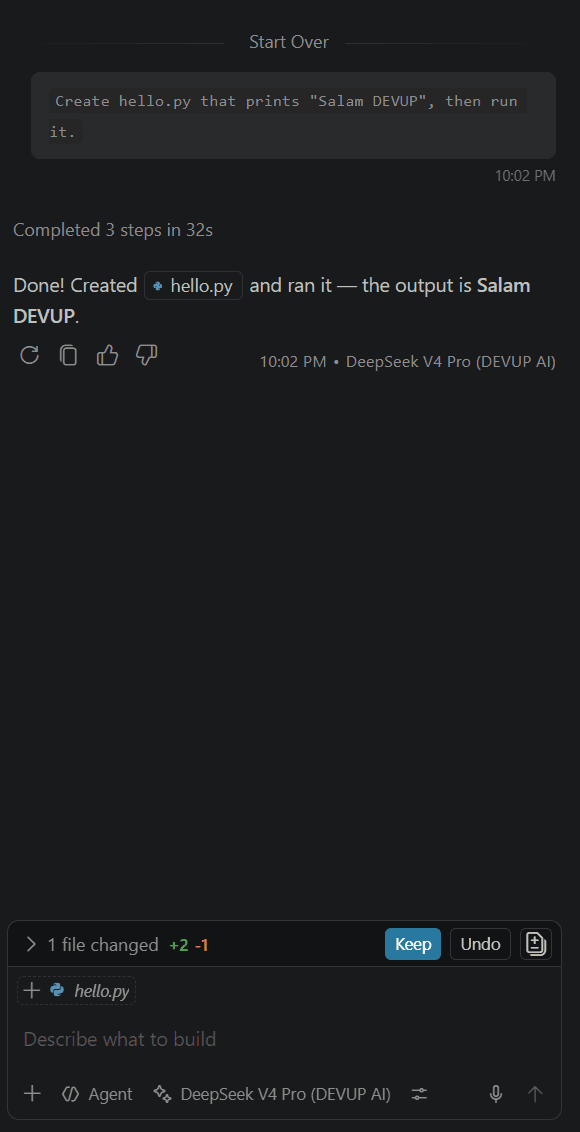 VS Code Agent mode creating and running hello.py with DeepSeek V4 Pro (DEVUP AI)