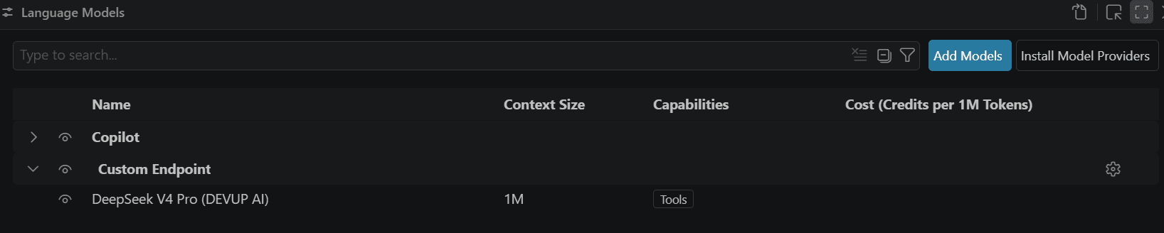 VS Code Language Models panel with DeepSeek V4 Pro (DEVUP AI) added under Custom Endpoint