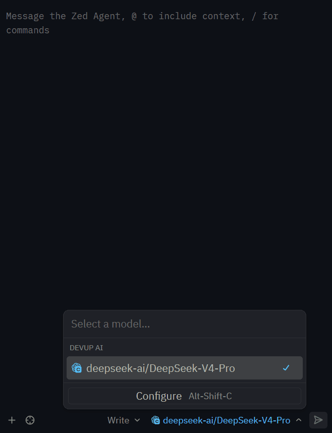 Zed Agent Panel model list with DEVUP AI models