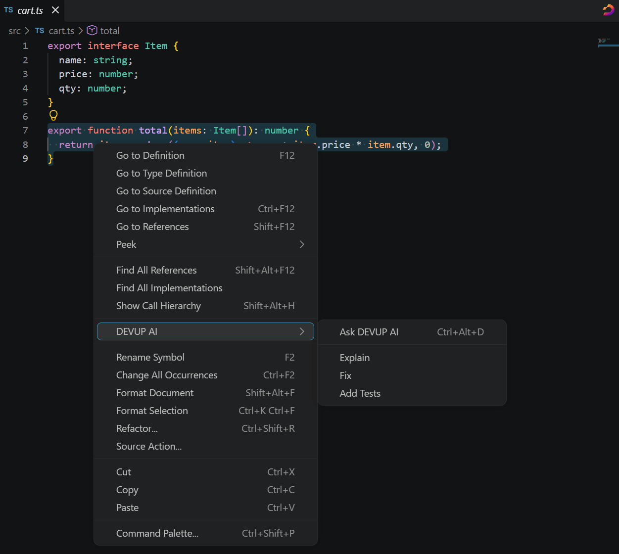 The DEVUP AI submenu in the VS Code editor's right-click menu, with Ask DEVUP AI, Explain, Fix and Add Tests for the selected code