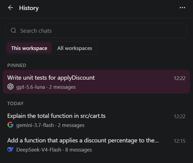 DEVUP AI chat history with search, a pinned chat and recent chats