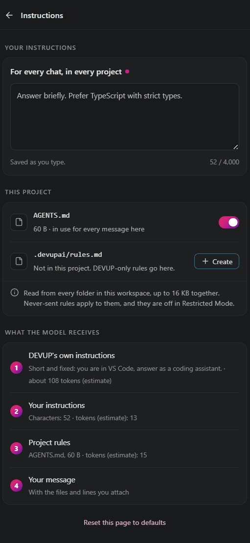 DEVUP AI Instructions settings: your own instructions, the project's AGENTS.md switched on, and what the model receives, in order